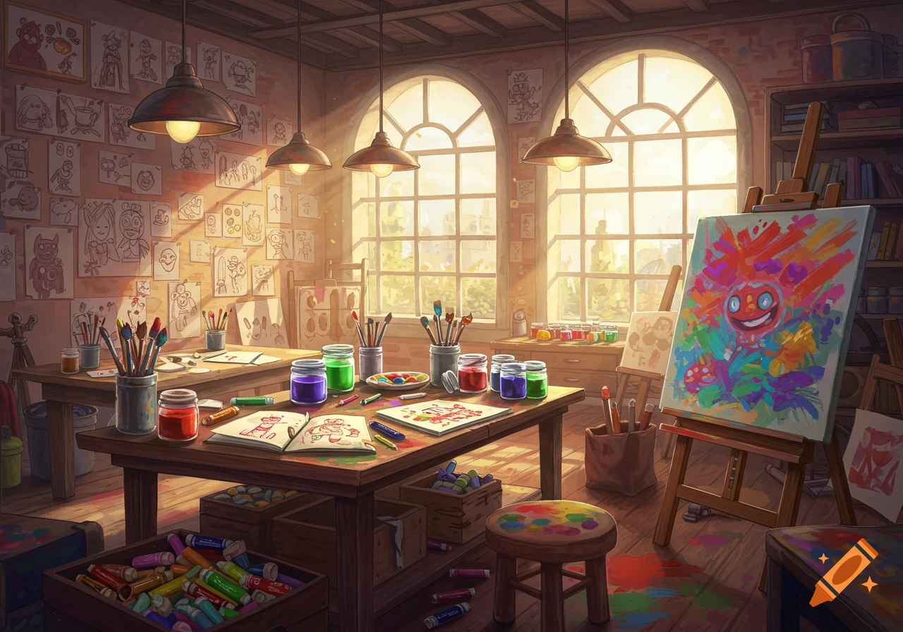 A vibrant art studio with paints, brushes, an easel with a colorful abstract painting, and many drawings taped to the brick walls, bathed in warm sunlight.
