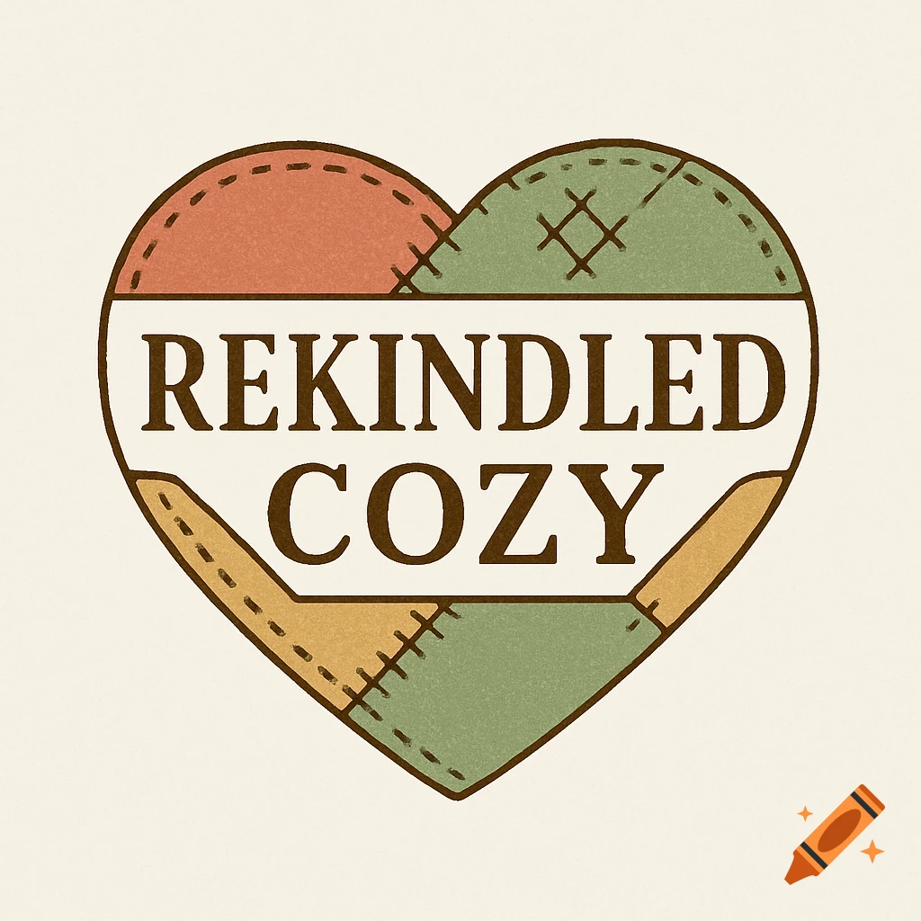 A quilted heart logo with sections of green, red, and yellow, featuring the text 'REKINDLED COZY' in the center.