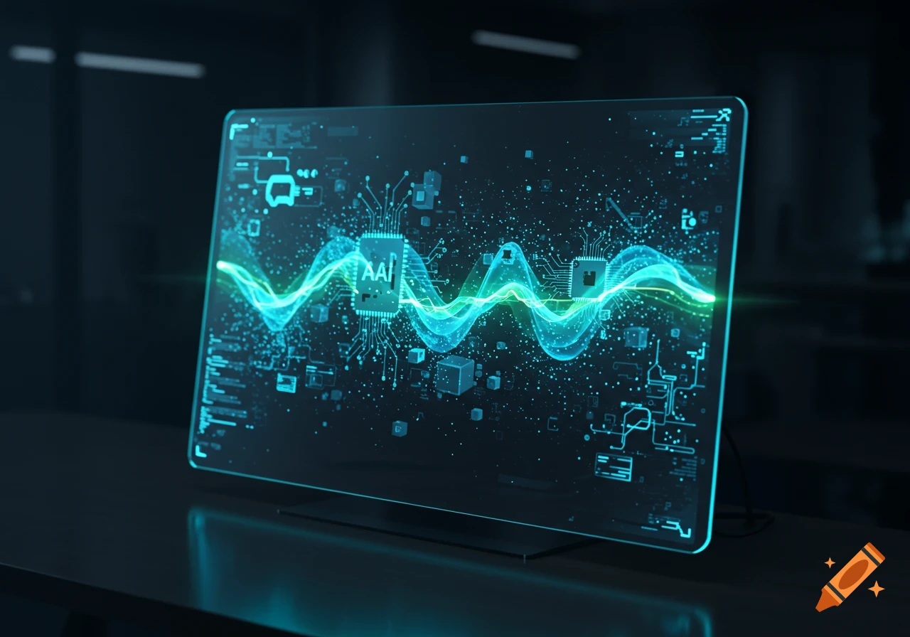 A close-up of a futuristic transparent computer screen displaying glowing blue and green digital waves, circuits, and data points.