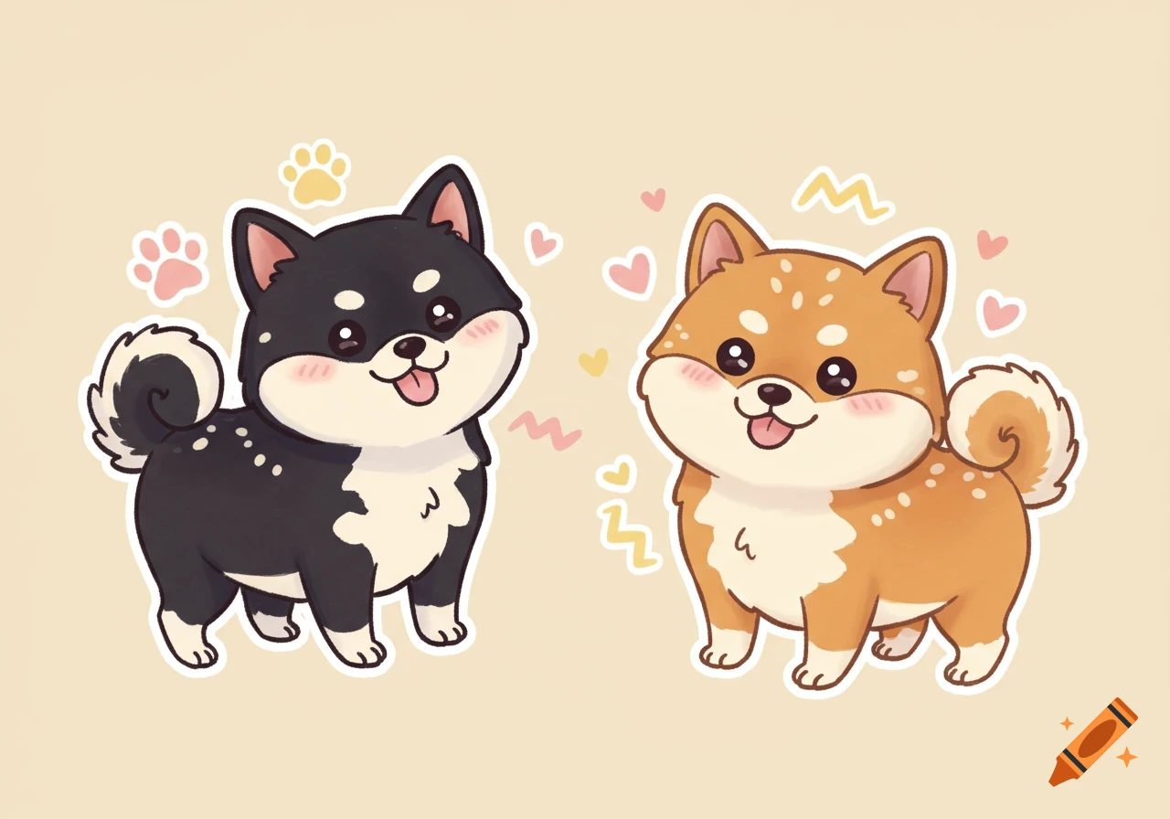 Two cute cartoon Shiba Inu dogs, one black and white and one red, with rosy cheeks and paw prints, on a light background.