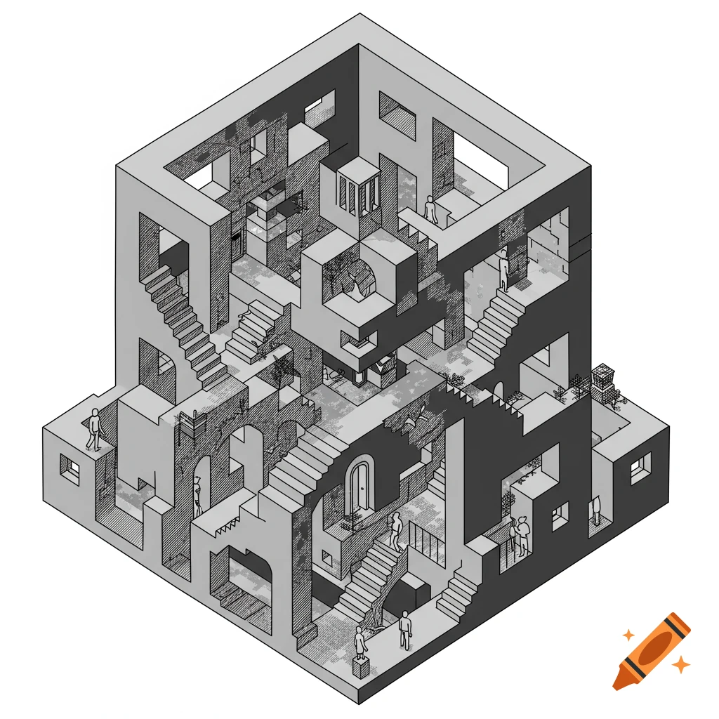 Isometric black and white illustration of an impossible building with staircases and figures, in the style of M.C. Escher.