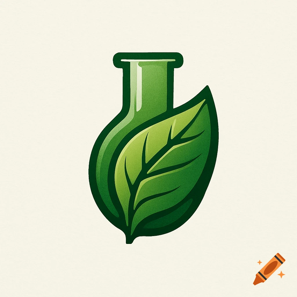 A stylized green logo featuring a leafy plant shape integrated into a scientific flask or vial, against an off-white background.