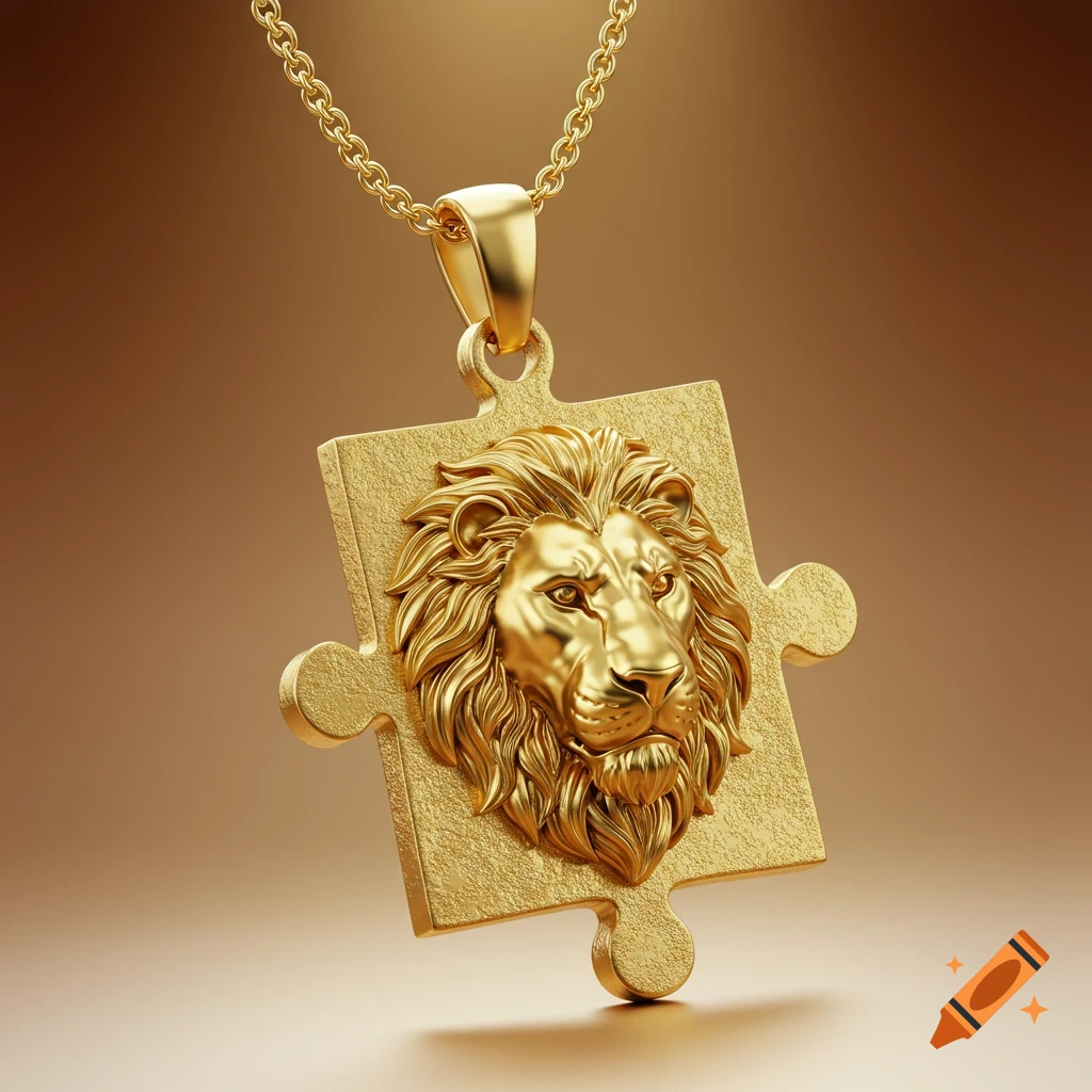 A photorealistic 3D render of a gold lion head pendant in the shape of a puzzle piece.
