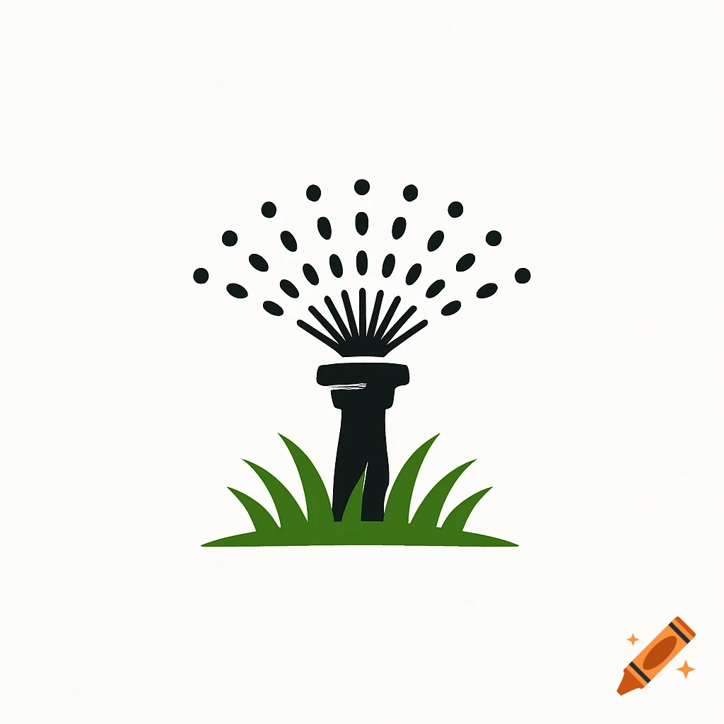 A minimalist logo of a black irrigation sprinkler spraying water, with green grass at its base, on a white background.