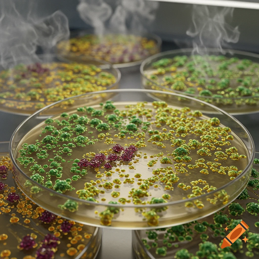Close-up of several petri dishes filled with green, yellow, and red microbial colonies, with steam rising from some.