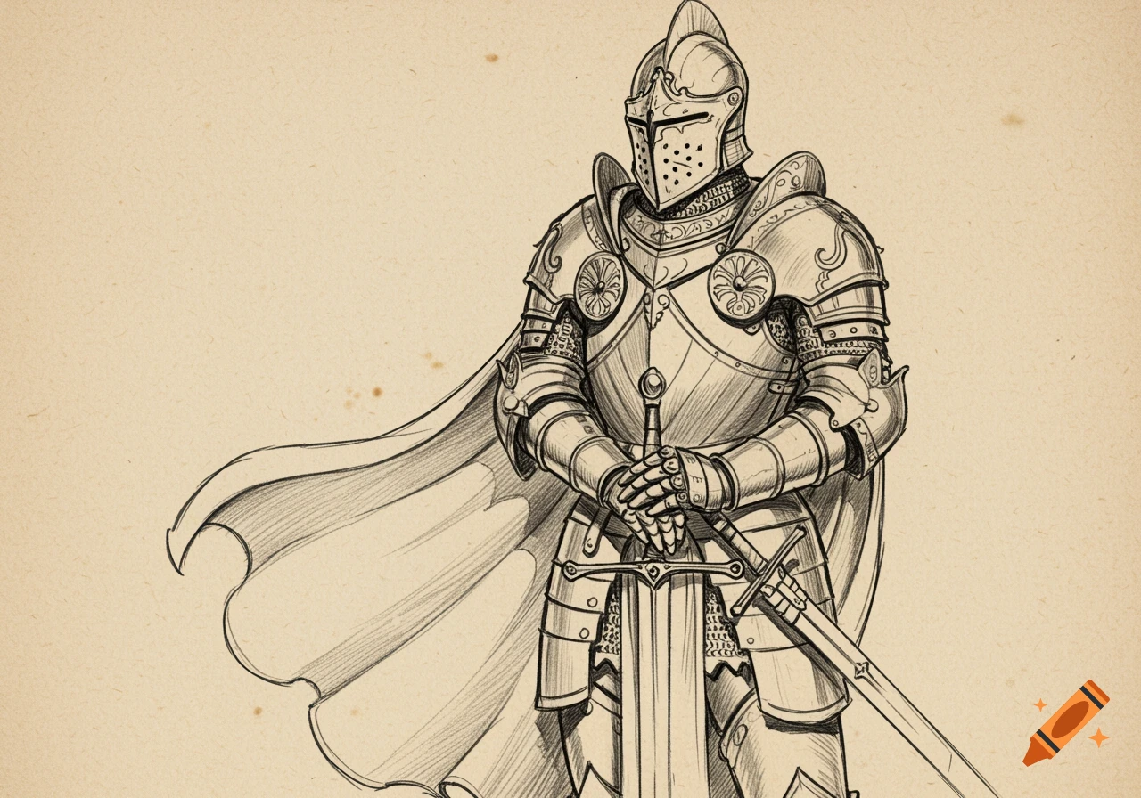 A detailed sketch of a knight in full plate armor holding a sword, on an aged paper background.