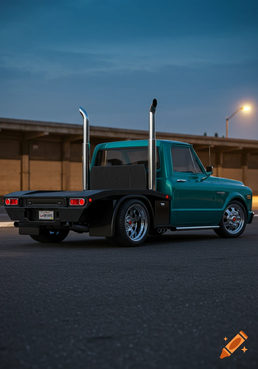 A customized teal 1970 Chevrolet C30 flatbed truck with large vertical chrome exhaust stacks and a lowered stance, parked on asphalt at dusk.