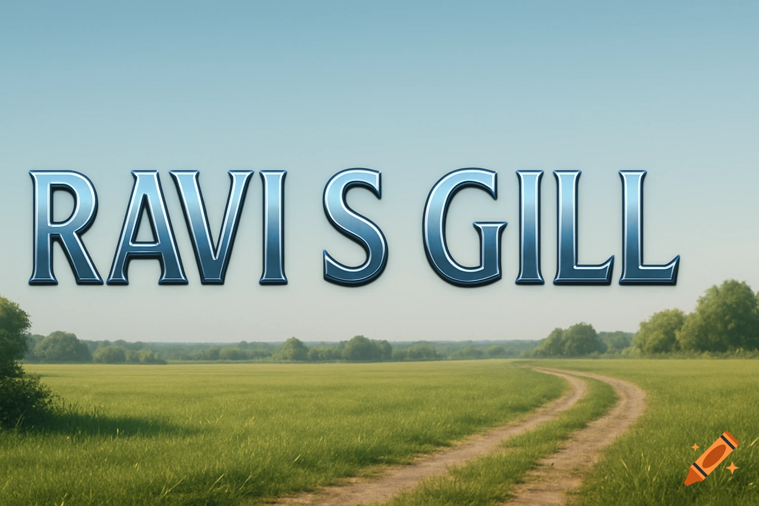 Metallic blue text 'RAVI S GILL' floats over a green field with a dirt path under a blue sky.