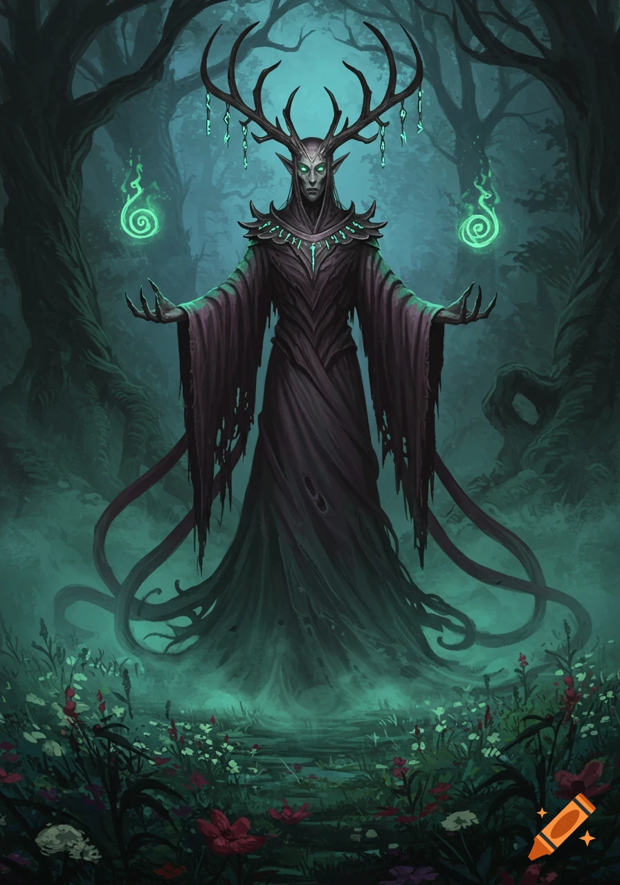 A dark fantasy creature with antlers, glowing eyes, and long robes stands in a misty forest, conjuring green flames.