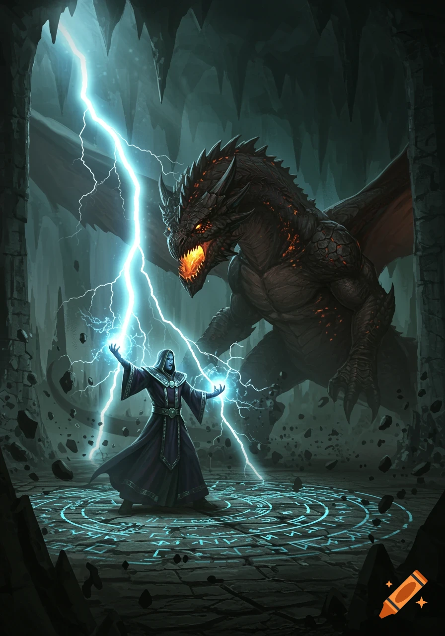 A wizard casting lightning spells at a large, dark dragon inside a gloomy underground cavern, with glowing runes on the floor.