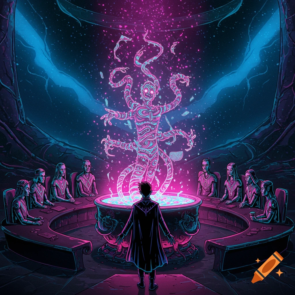 A neon graphic style painting of a dark council chamber where a glowing, multi-limbed entity emerges from a cauldron, watched by robed figures.
