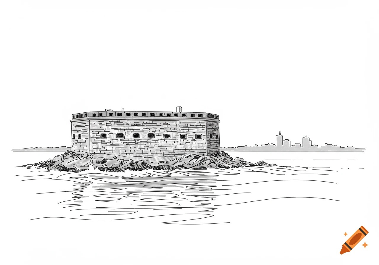 Minimalist outline drawing of a fort on a rocky island in water with a distant city skyline.