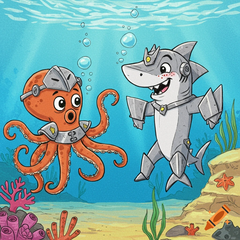 A cartoon illustration of an orange octopus and a gray shark, both wearing armor, interacting underwater amidst bubbles, coral, and seaweed.