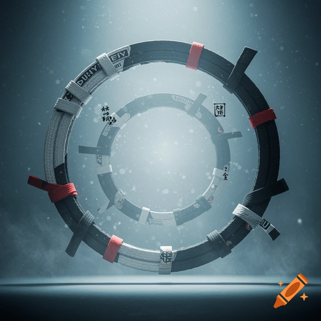 Two concentric rings formed by black and white martial arts belts with red accents float in a misty, ethereal blue-gray space.