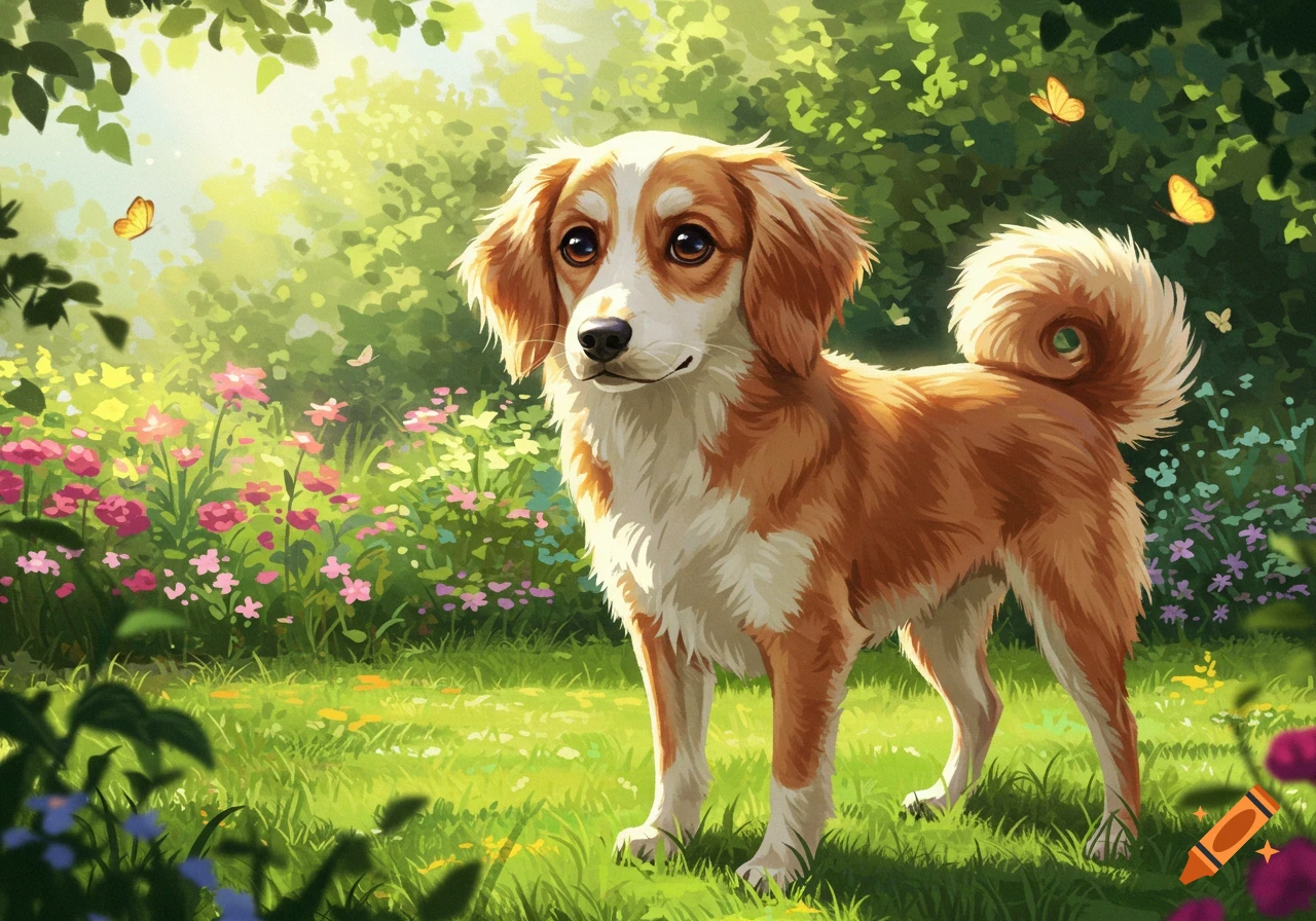 A cute brown and white dog with big eyes stands in a lush green garden among colorful flowers and butterflies, in an illustrated style.