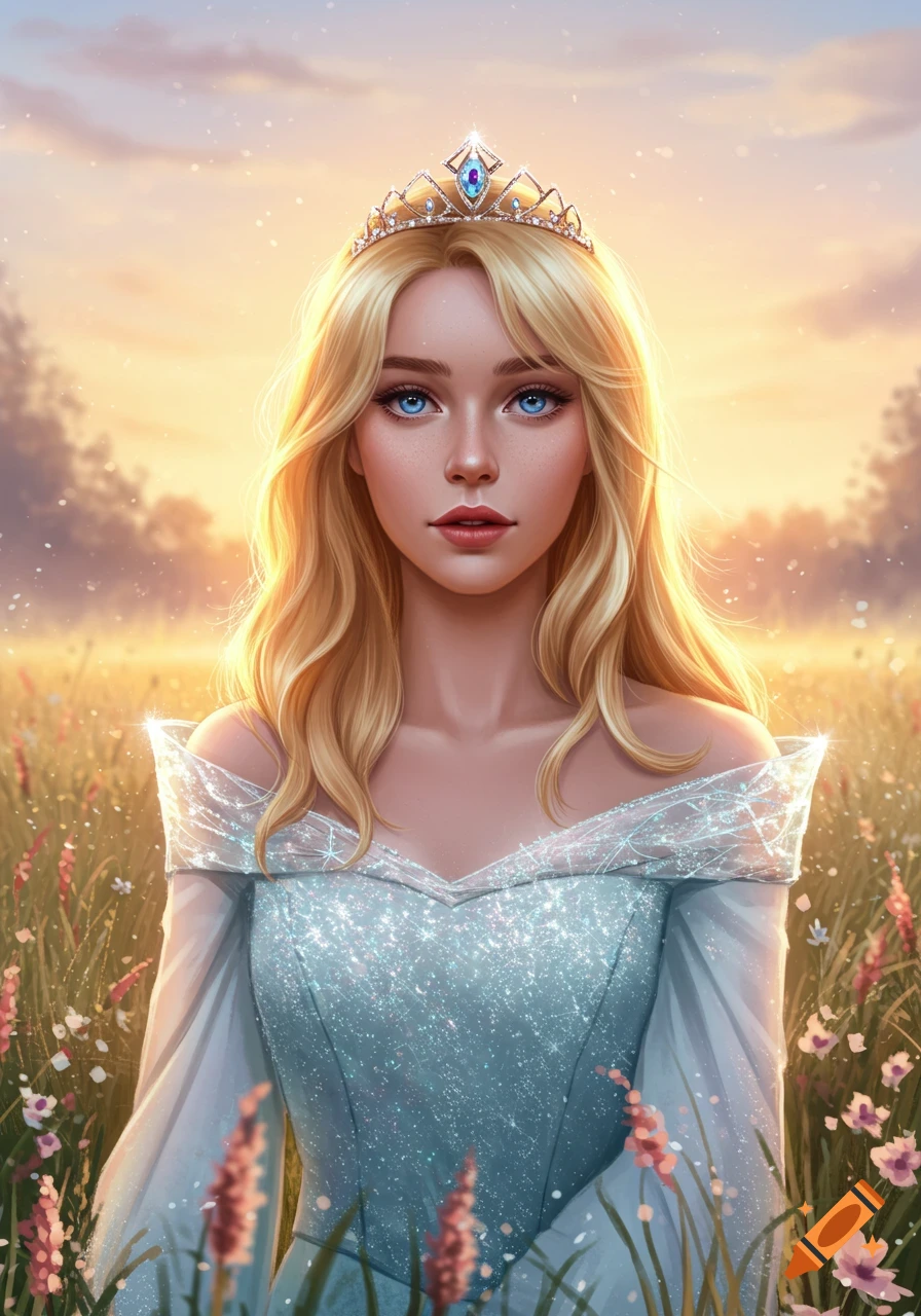 A blonde woman with blue eyes and a tiara wearing a sparkling blue dress stands in a sunny field.