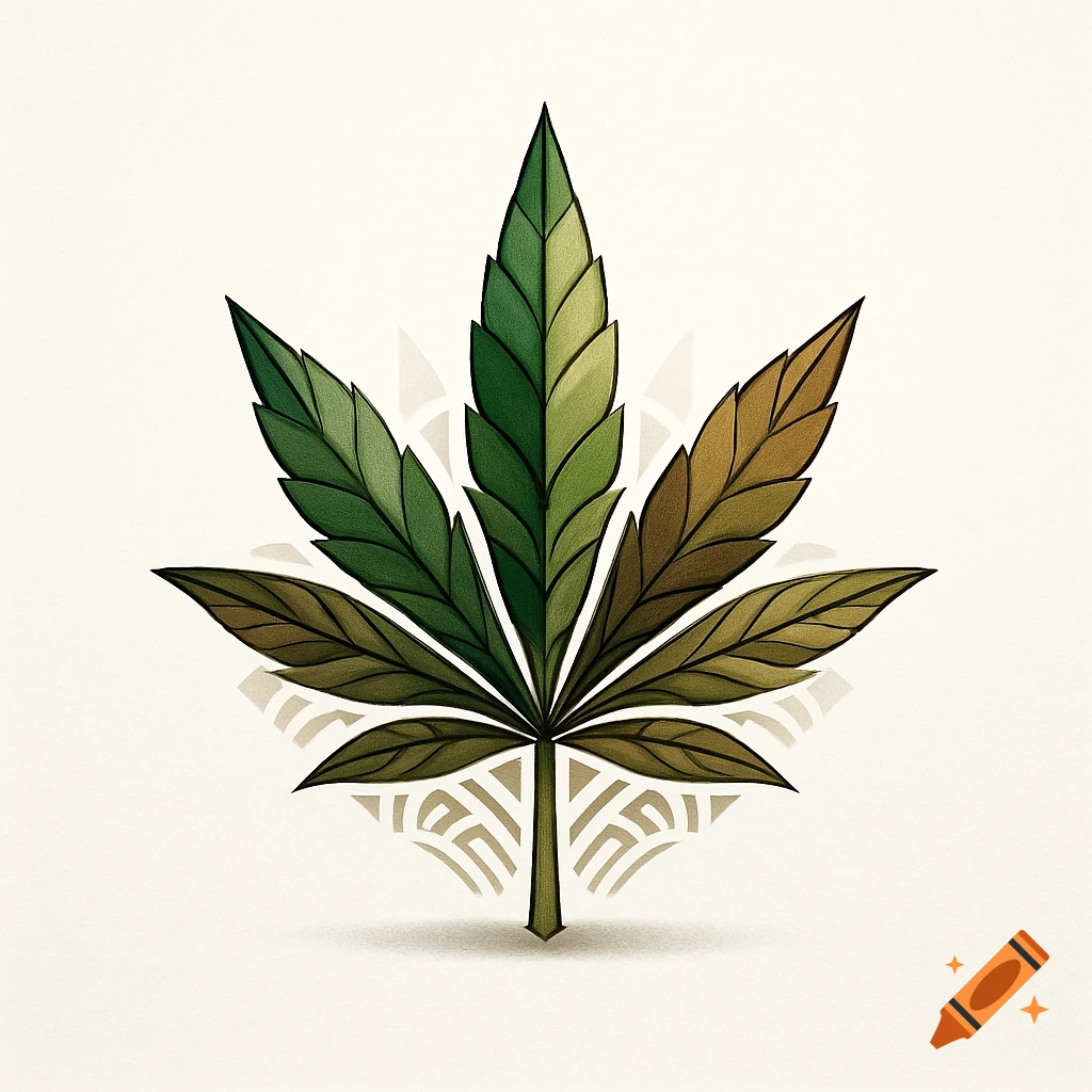 A stylized cannabis leaf logo illustration in green and brown tones on a light background.