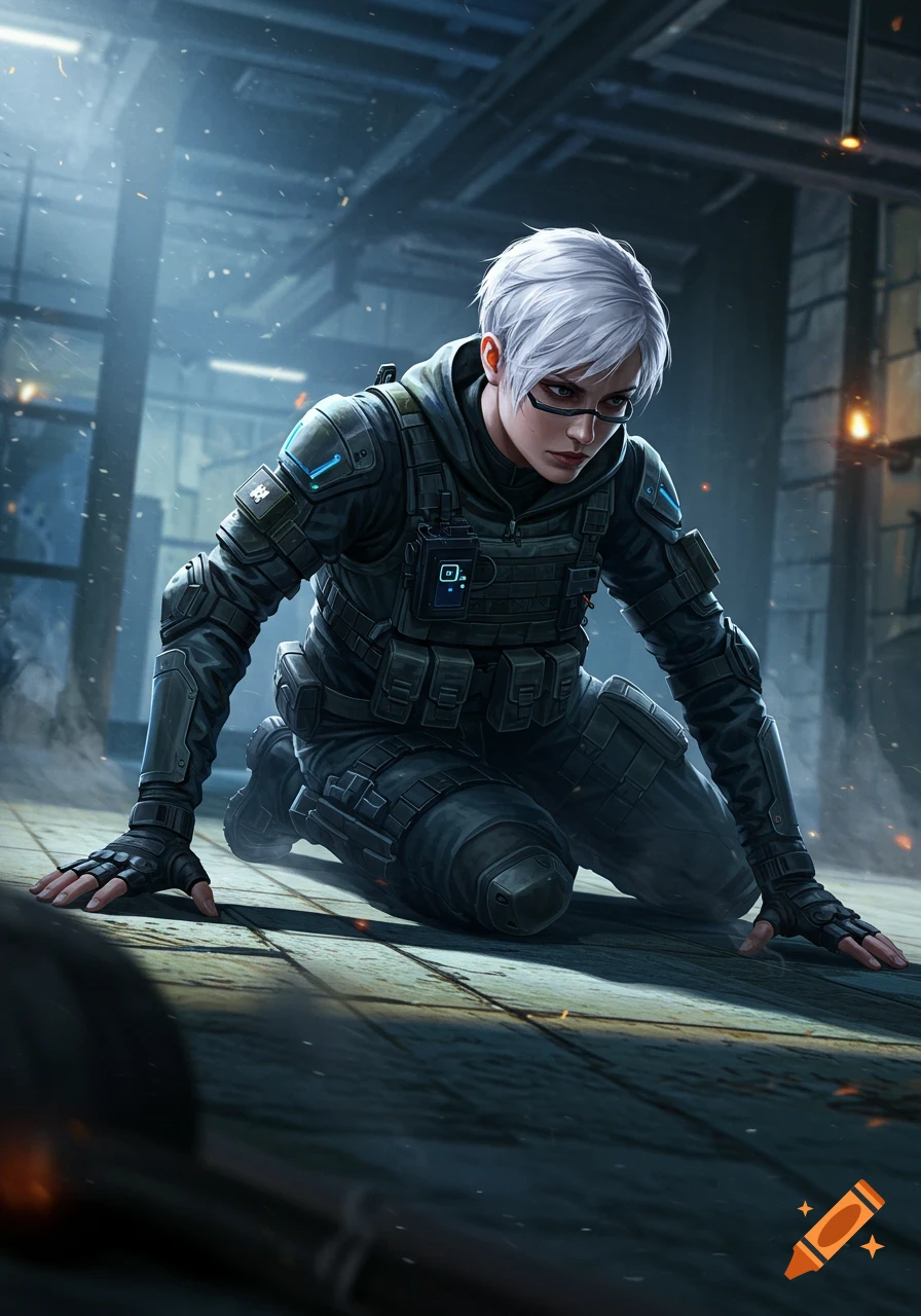 A woman with short white hair and glasses in tactical gear kneels in a dimly lit, gritty industrial setting.