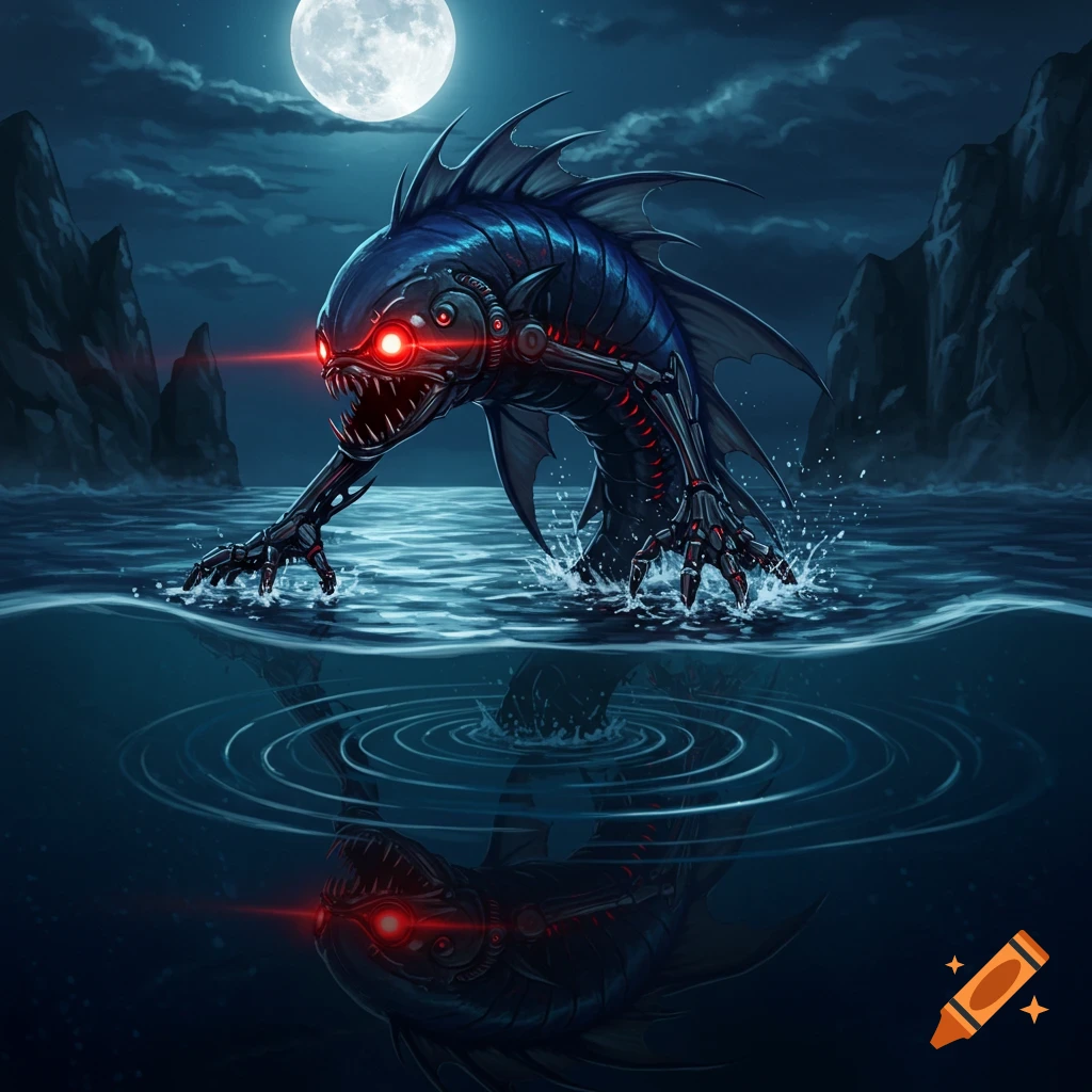 A monstrous biomechanical fish-creature with glowing red eyes emerges from dark water under a full moon.