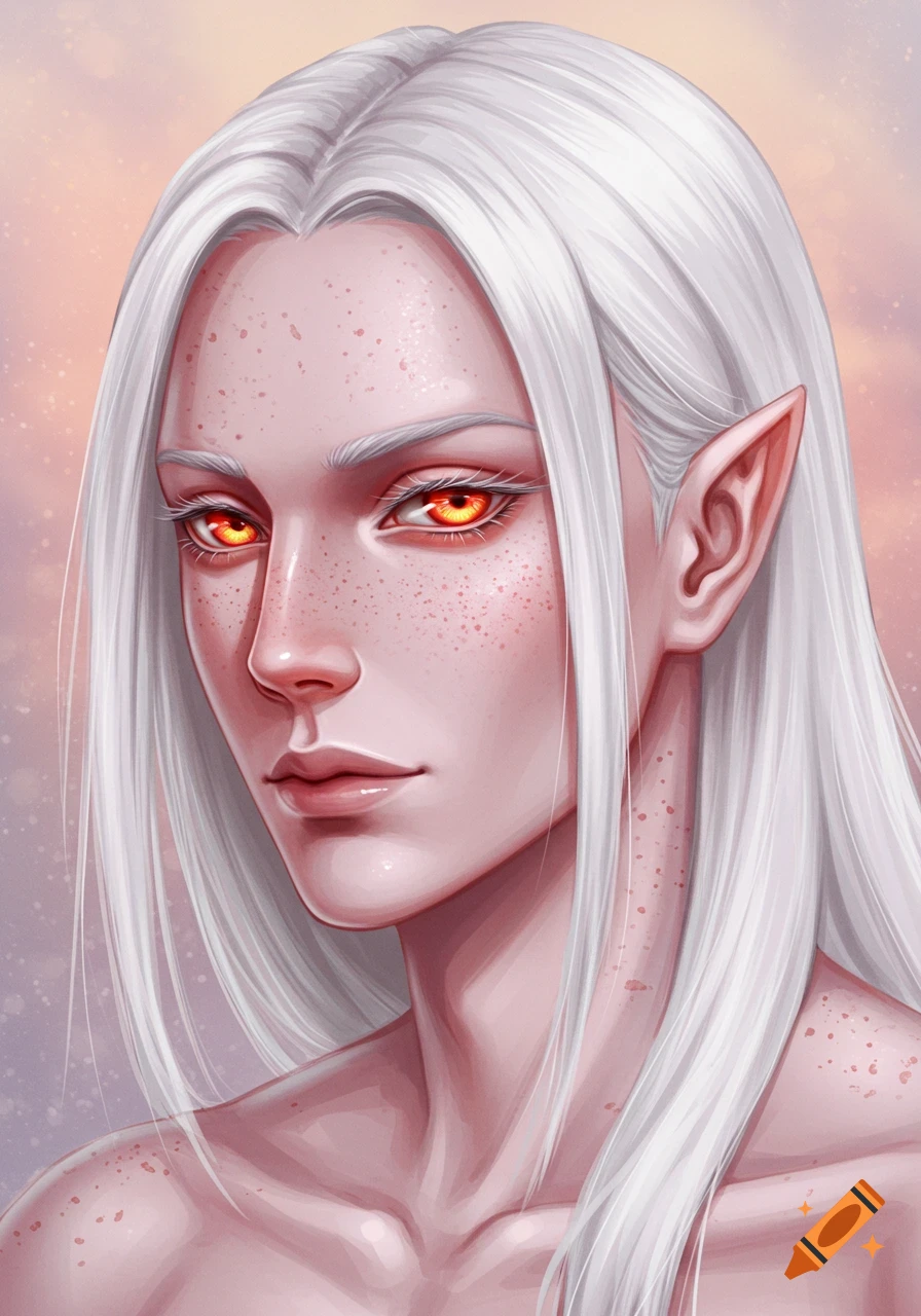 Anime-style portrait of a pale-skinned person with long white hair, pointed ears, faint freckles, and glowing red-orange eyes.