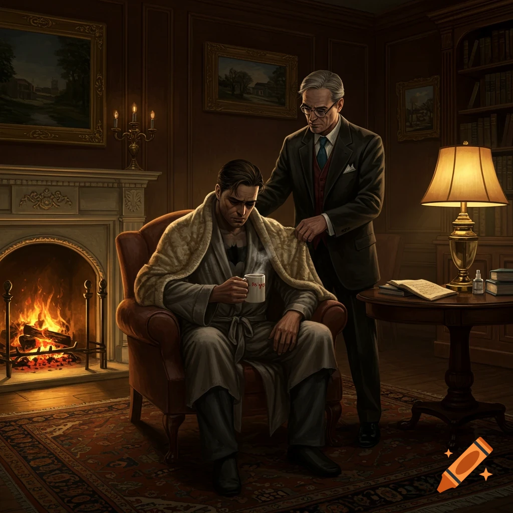 A weary Batman in a robe holding a mug, comforted by Alfred in a lavish study by a fireplace, digital art.