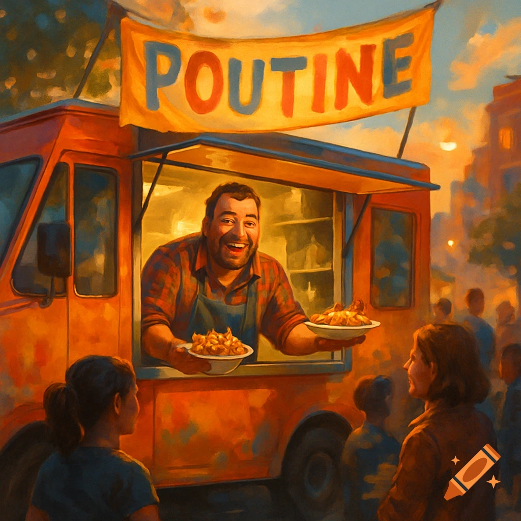 A man smiles while leaning out of a food truck, holding two plates of poutine, with a banner reading 'POUTINE' above. Painted style.
