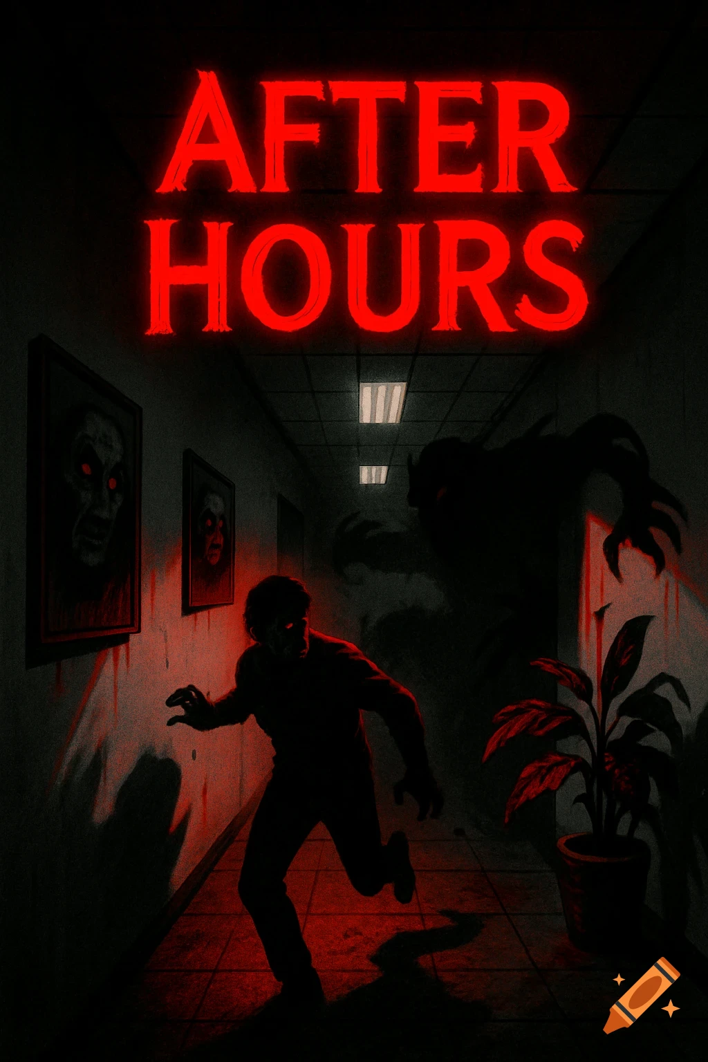 A horror digital illustration of a person running from a shadow monster in a dark, red-lit hallway with creepy portraits and 'AFTER HOURS' text.