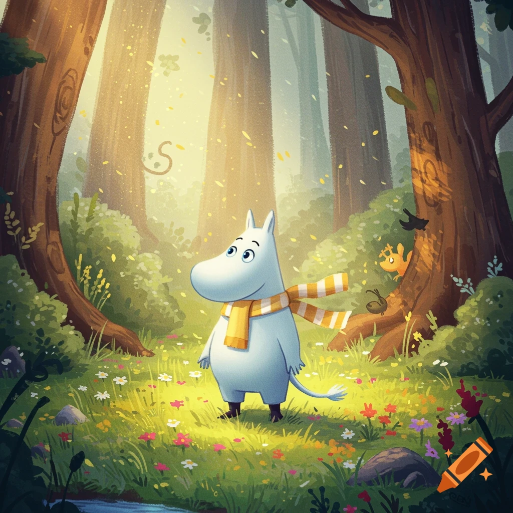 A cartoon Moomin character wearing a yellow and orange striped scarf stands in a vibrant, sunlit forest with colorful flowers and tall trees.