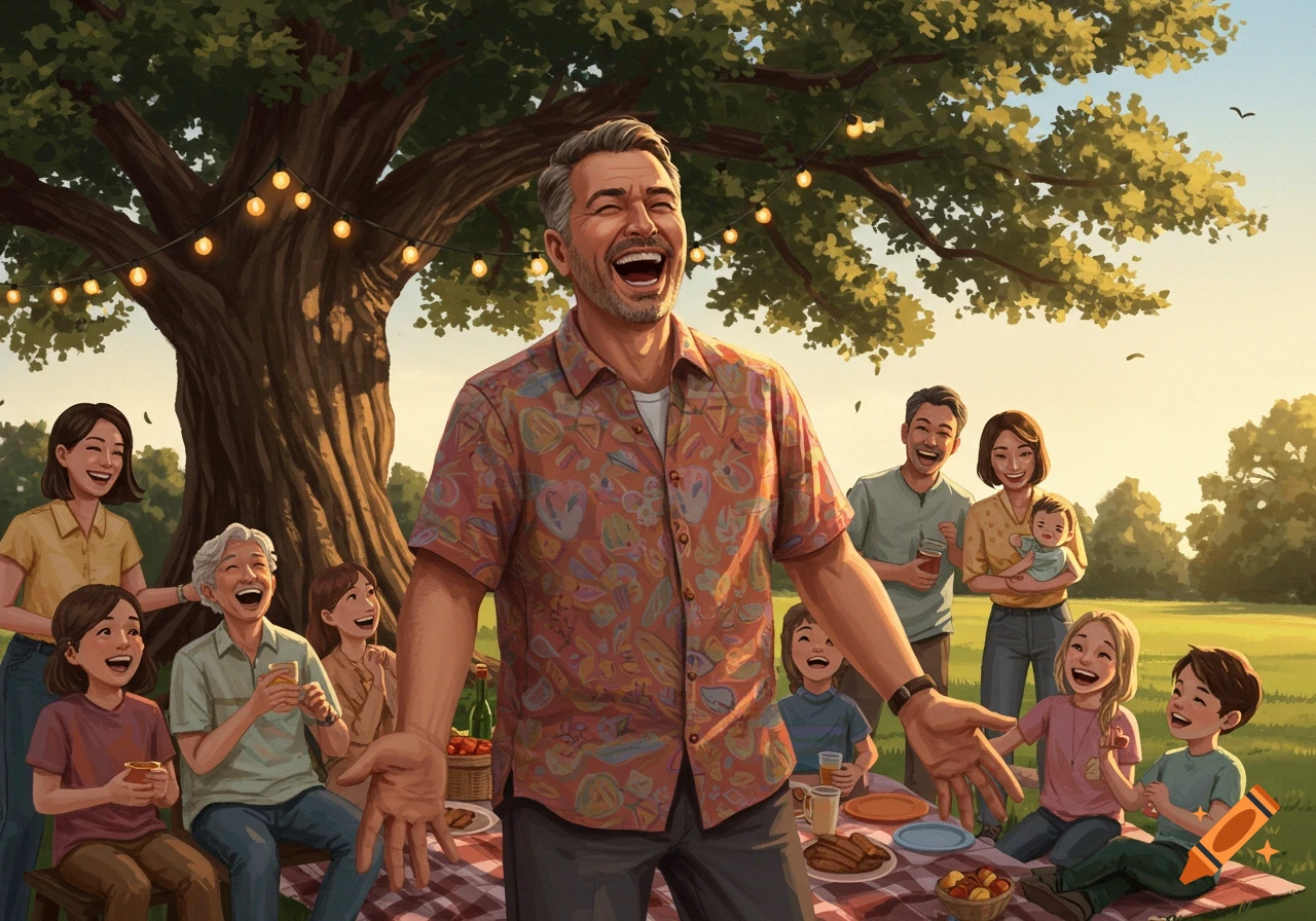 A multi-generational family laughs joyfully at a picnic under a large tree with string lights, in a vibrant illustration.