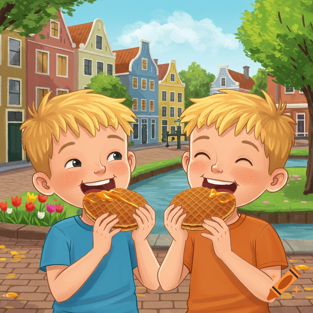 A cartoon illustration of two happy twin boys eating stroopwafels in a colorful Dutch village with canals and traditional houses.