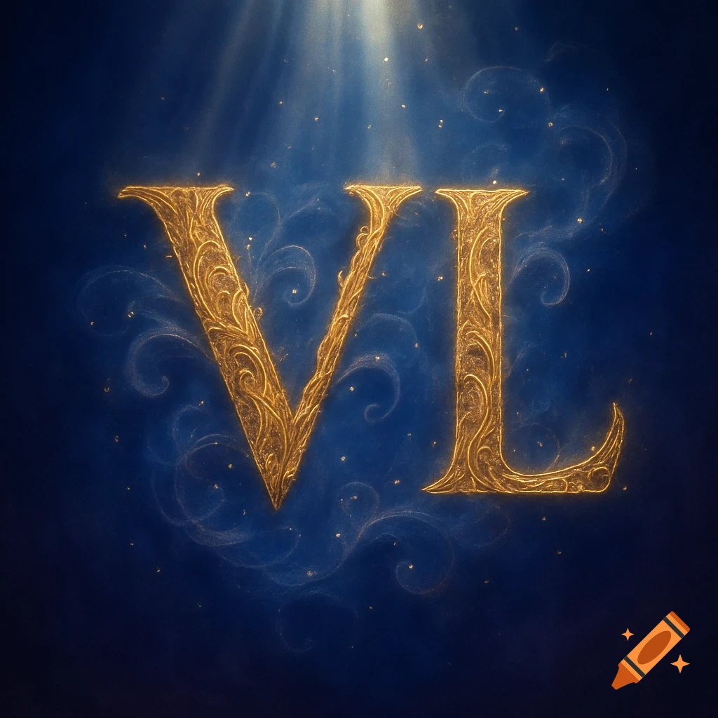 Ornate golden letters 'VL' with intricate patterns glow on a magical deep blue background with ethereal light rays.