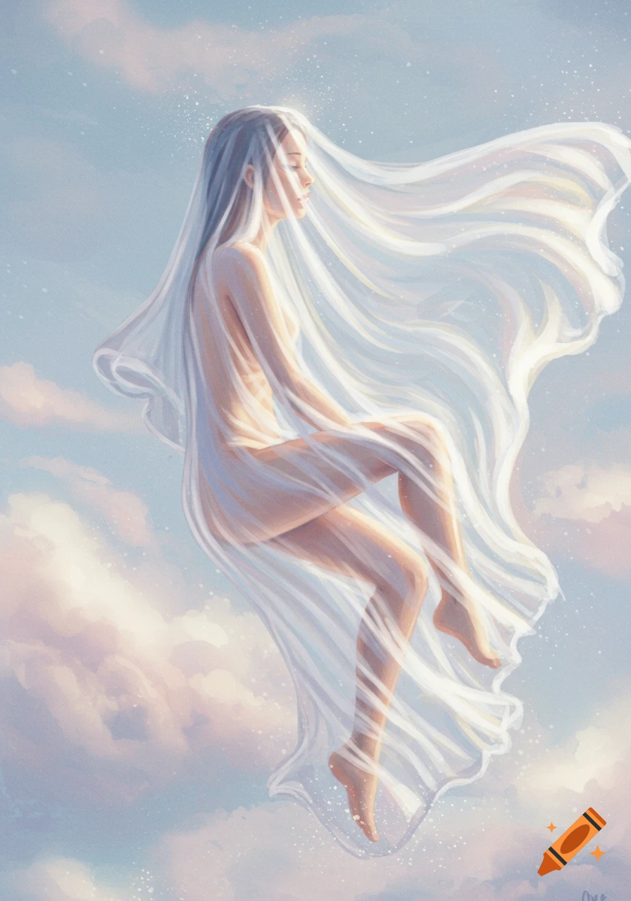 A serene woman floats suspended in the sky, draped in translucent white fabric, with soft clouds in a dreamy digital painting.