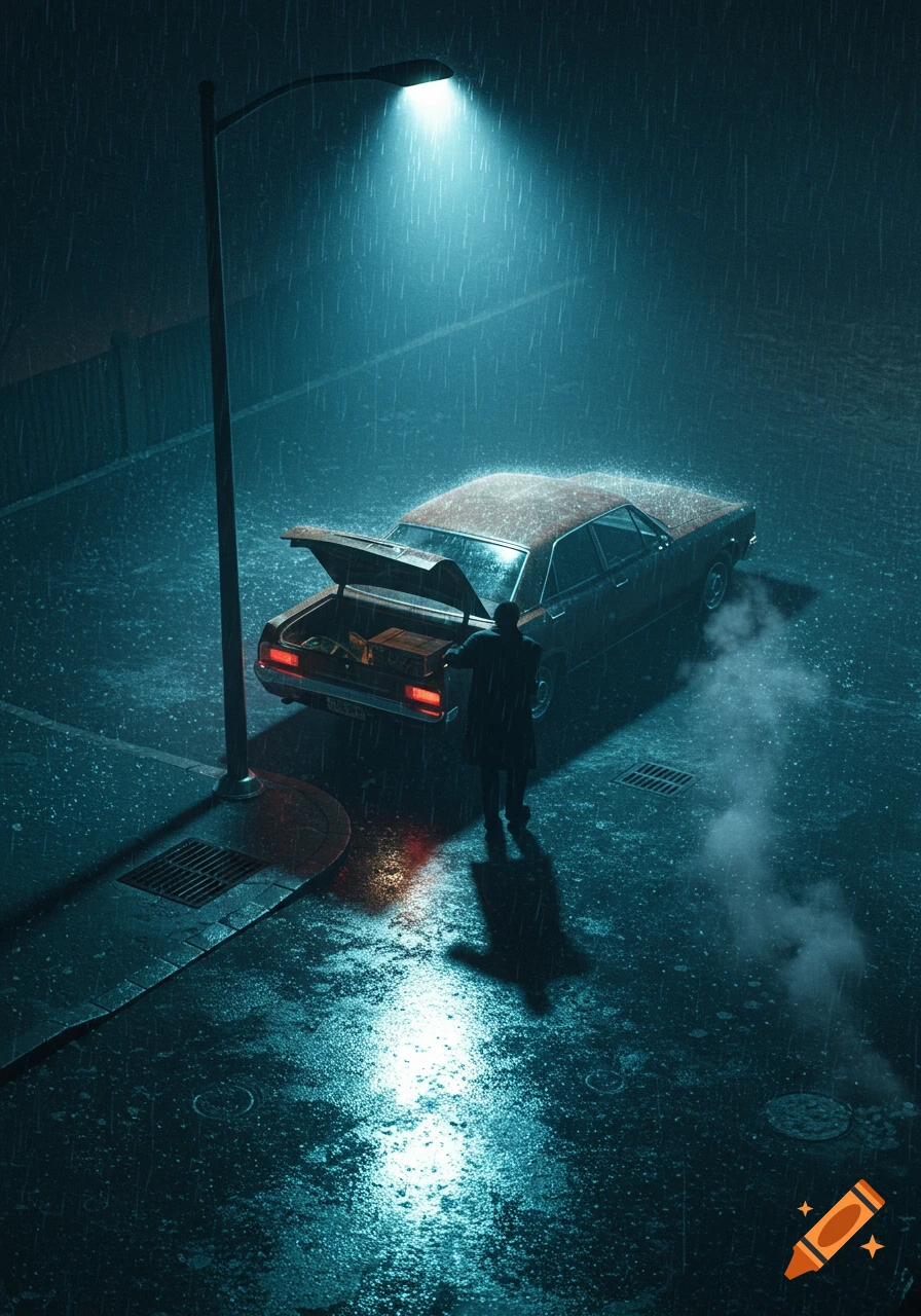 High-angle view of a person opening the trunk of an old car on a dark, rainy street at night, illuminated by a streetlamp.