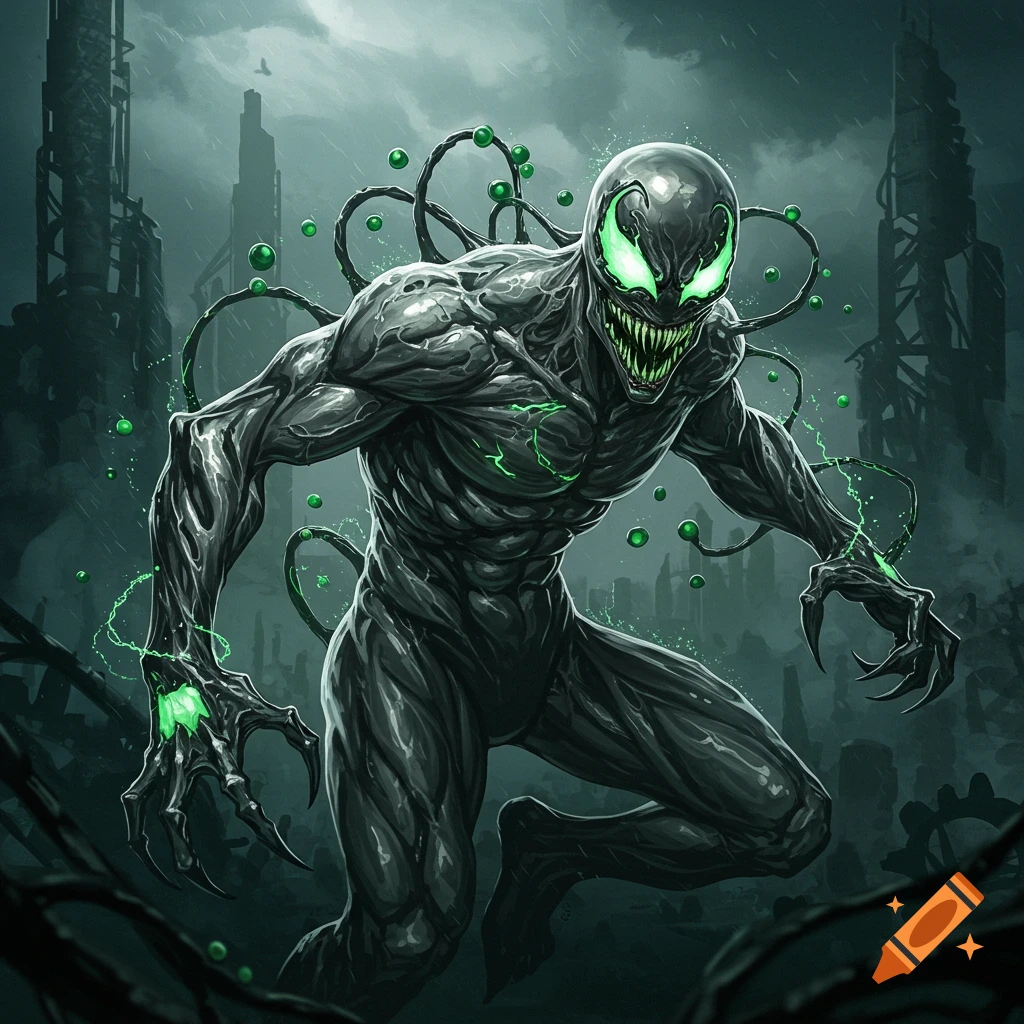 A menacing black symbiote with glowing green eyes and sharp teeth, surrounded by green nanite orbs, standing in a desolate, rainy city.