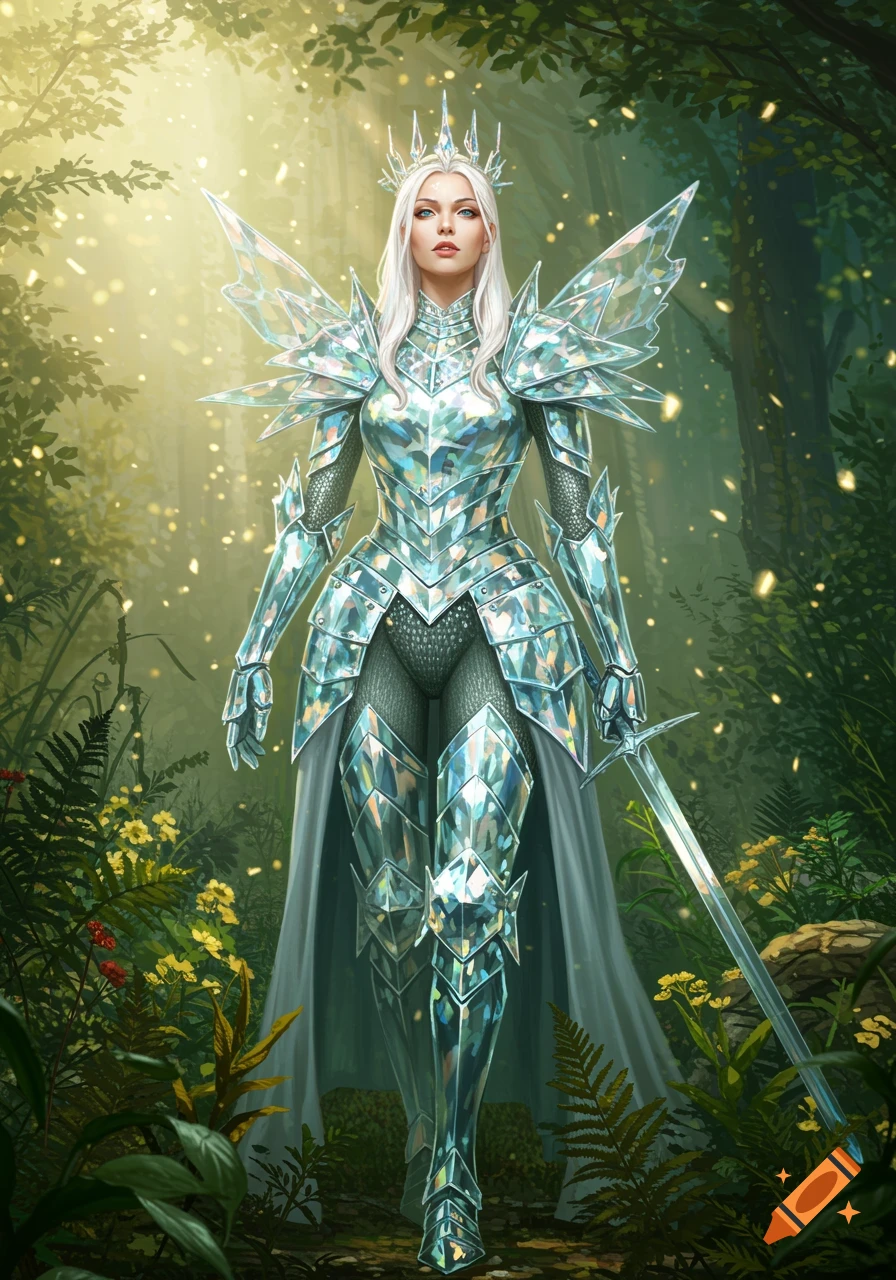 A warrior princess in sparkling, iridescent glass armor and a crown, holding a sword, stands in a sunlit fantasy forest.