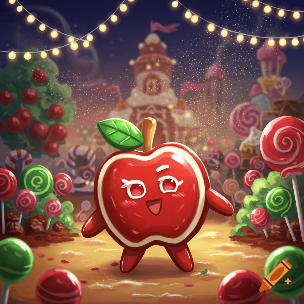A happy, cartoonish red apple character stands in a whimsical candy land with lollipops, apple trees, and a castle under string lights.