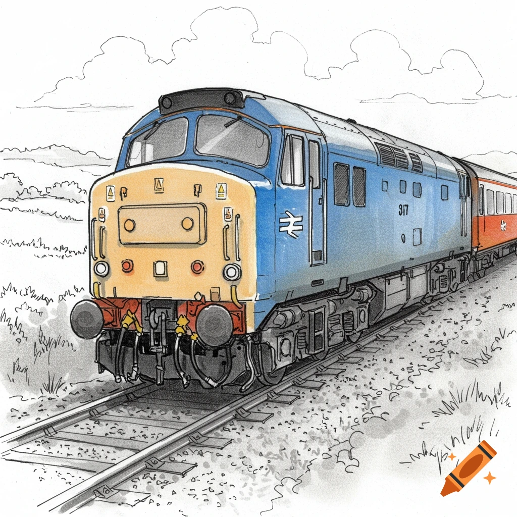 A colored sketch of a blue and yellow train locomotive on tracks in a rural landscape under a cloudy sky.
