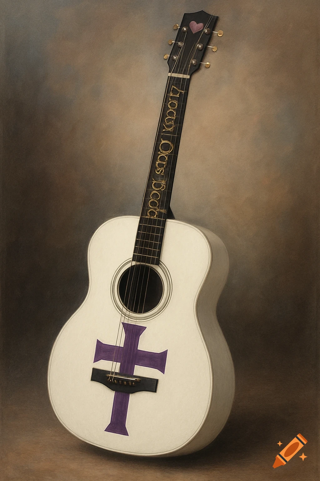 A white acoustic guitar with a purple cross on its body, gold text on the neck, and a pink heart on the headstock.