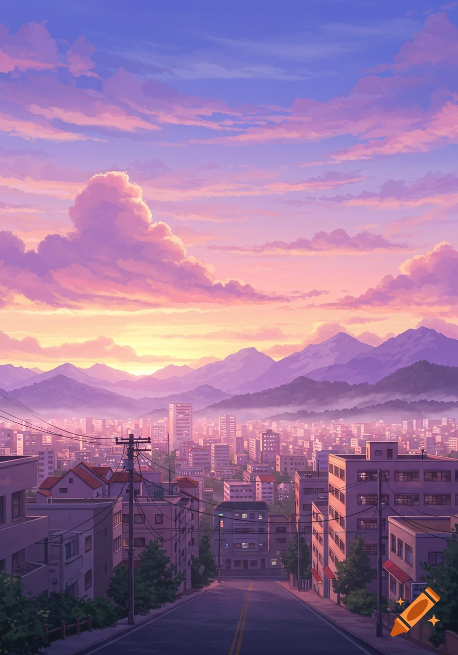 Anime-style cityscape with pastel sunset sky, fluffy clouds, and distant mountains.