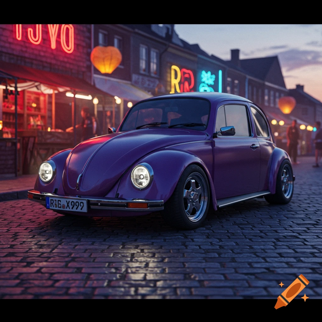 A purple Volkswagen Beetle with custom wheels parked on a cobblestone street at dusk, with glowing neon signs on buildings in the background.