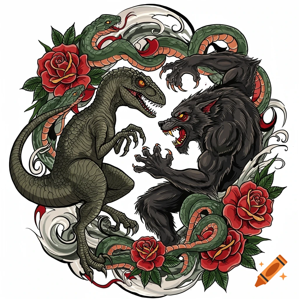 A traditional tattoo style illustration of a green velociraptor and a black werewolf fighting, surrounded by red roses and green snakes.