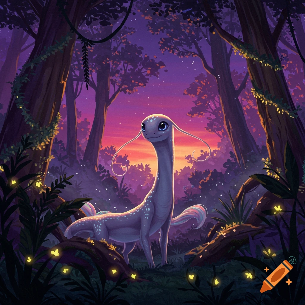 An illustrated fantasy creature with a long neck and tendrils stands in an enchanted forest at twilight, surrounded by glowing plants.