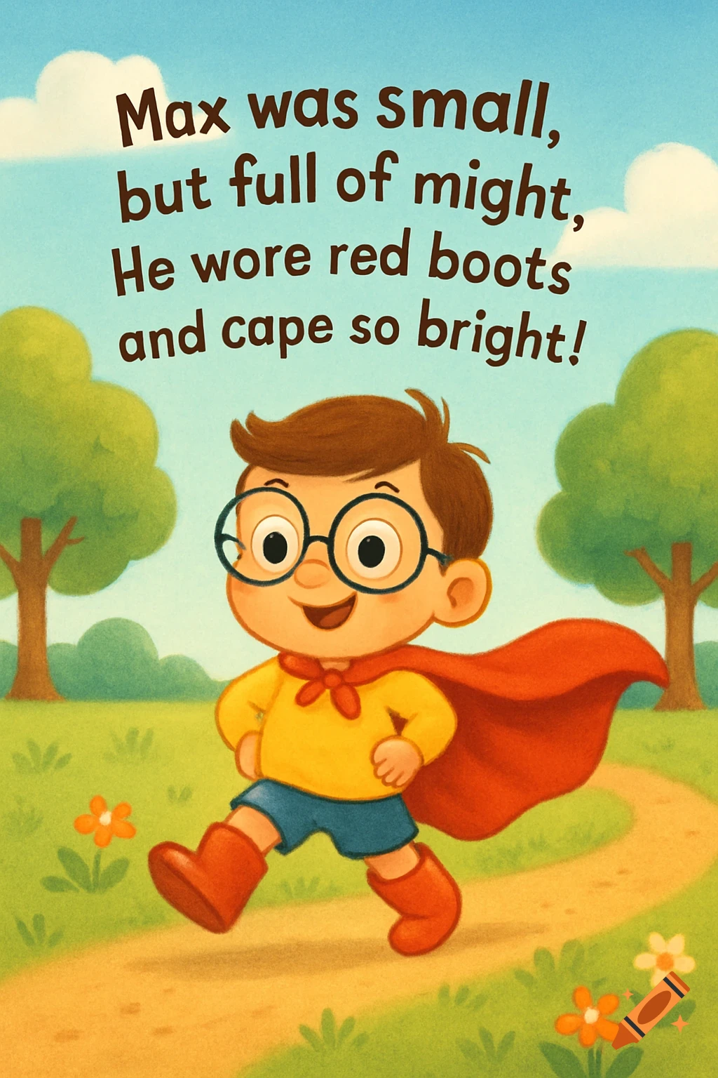 A smiling cartoon boy in a red superhero cape and red boots stands in a sunny park, with rhyming text.