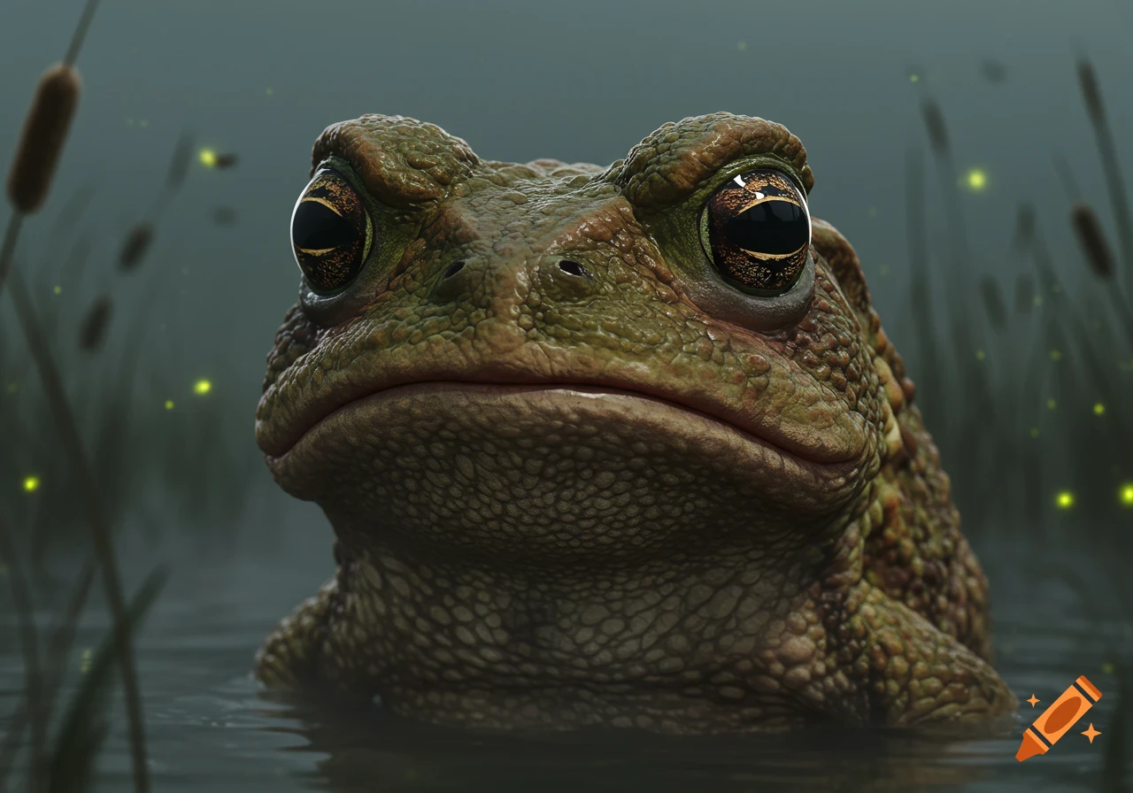 Close-up photorealistic portrait of an unimpressed toad partially submerged in water, with blurry cattails and glowing specks in the background.
