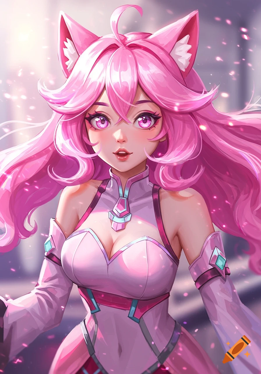 Anime girl with long pink hair, cat ears, and bright pink eyes, wearing a pink and white futuristic outfit.