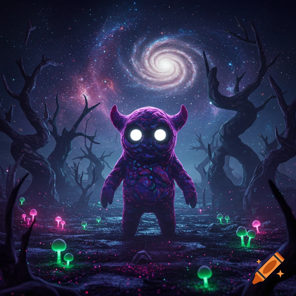 A purple, horned monster with glowing eyes stands in a dark, glowing mushroom forest under a vibrant spiral galaxy.