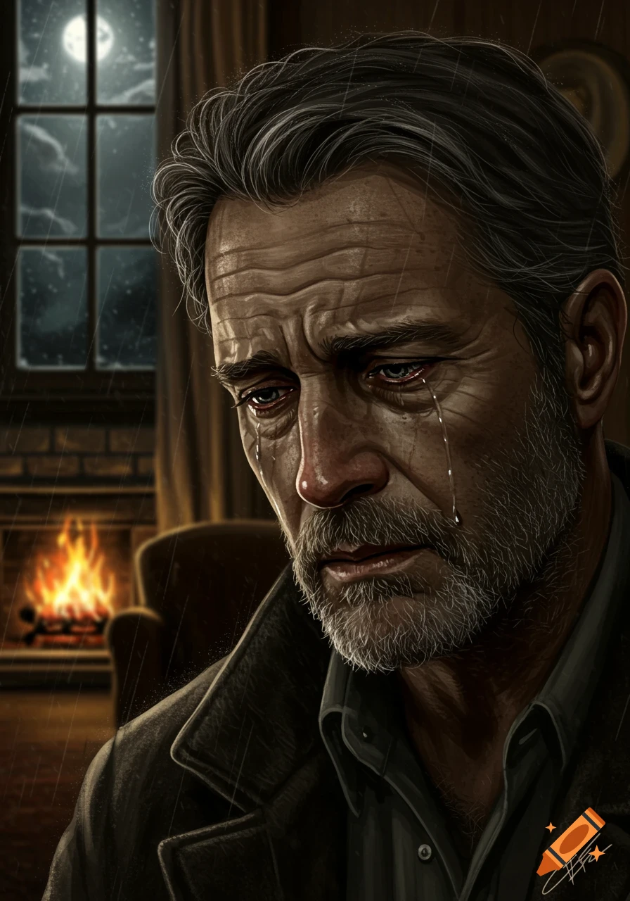 An illustrated portrait of a crying, bearded man indoors, with rain visible outside a window and a fireplace in the background.