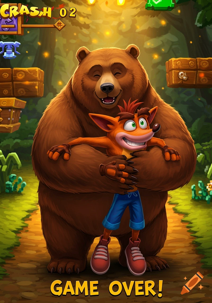 Cartoon grizzly bear bear-hugging Crash Bandicoot on a game over screen in a forest setting.