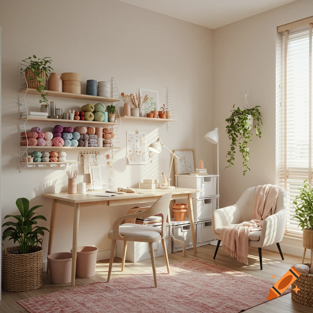 A bright, minimalist craft nook with shelves of colorful yarn, a wooden desk, a comfortable armchair, and a window letting in natural light.