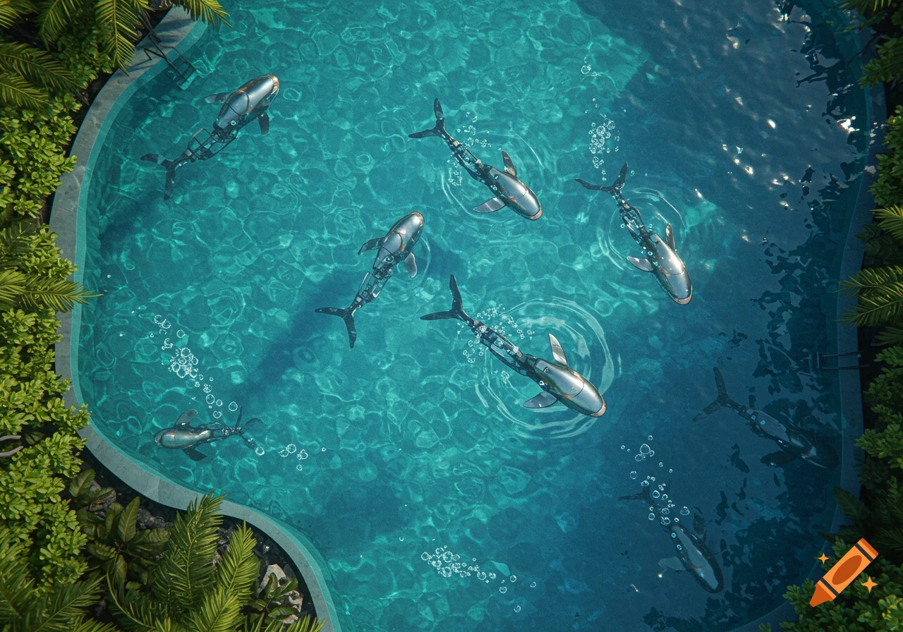 A bird's eye view of several metallic robotic fish swimming in a clear blue pool surrounded by green foliage, in a photorealistic style.
